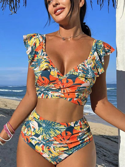 Set bikini a vita alta tropicale con stampa vivace