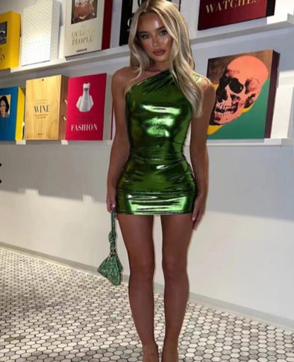 Cinzia – Vestido Mini Sexy Metálico de Um Ombro Só