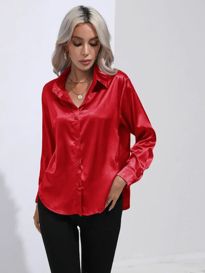 Ladies Luxe Satin Blouse with Collar and Curved Hem