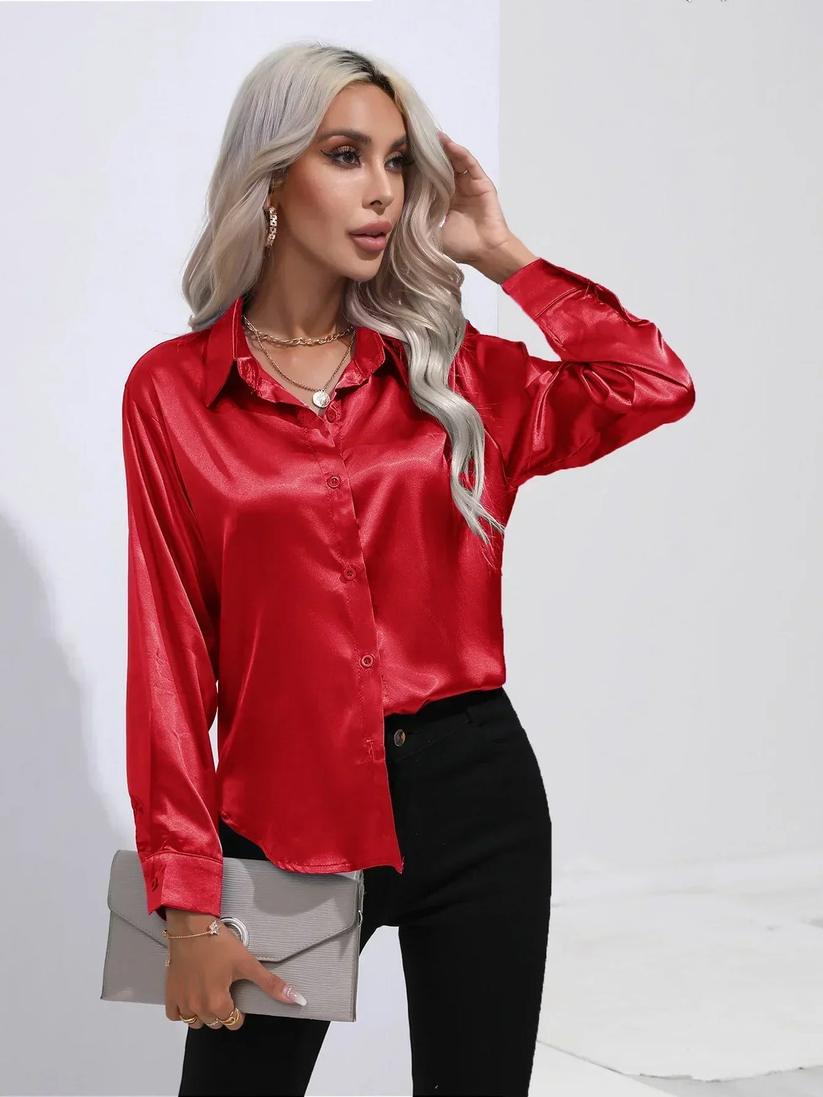 Ladies Luxe Satin Blouse with Collar and Curved Hem
