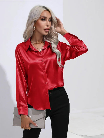 Ladies Luxe Satin Blouse with Collar and Curved Hem