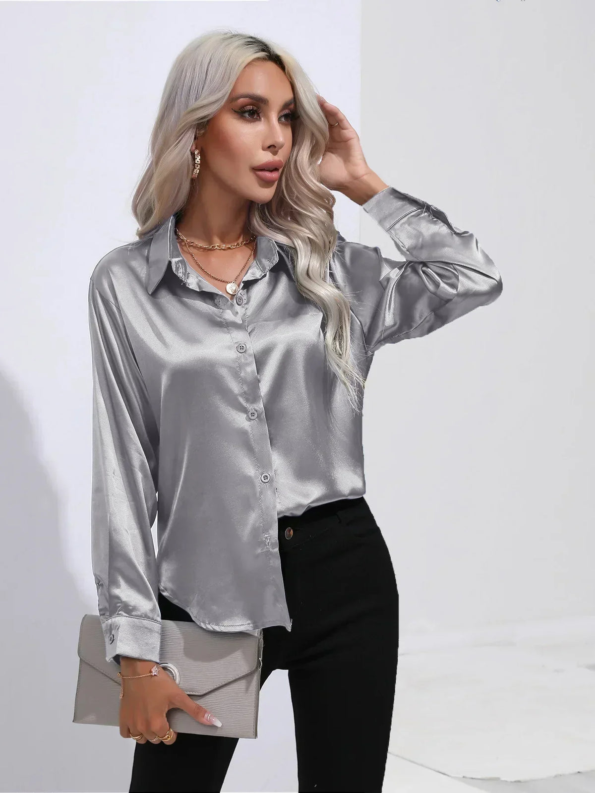 Ladies Luxe Satin Blouse with Collar and Curved Hem