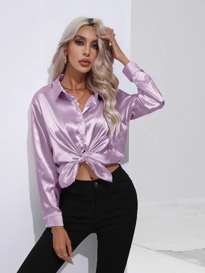 Ladies Luxe Satin Blouse with Collar and Curved Hem