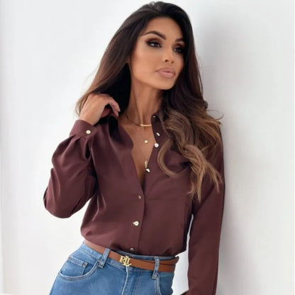 Elegant Long-Sleeved Blouse for Women with Collar and Button Closure
