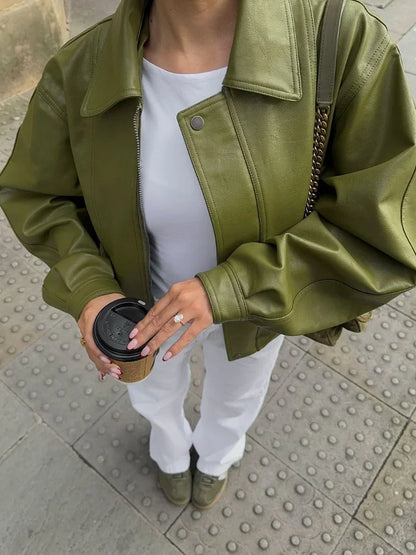 Trendy Oversized Green Leather Jacket for Women with Relaxed Fit