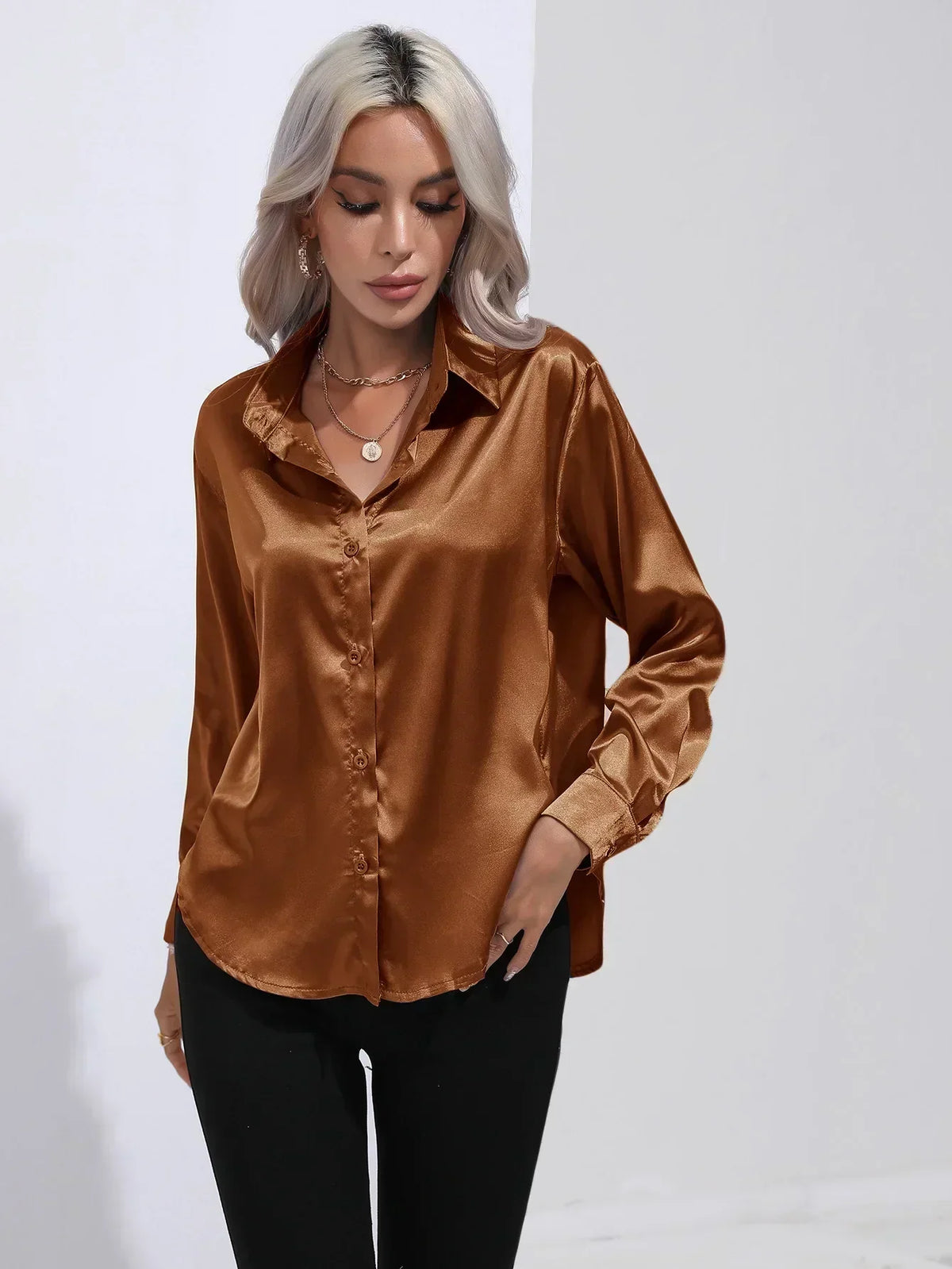 Ladies Luxe Satin Blouse with Collar and Curved Hem