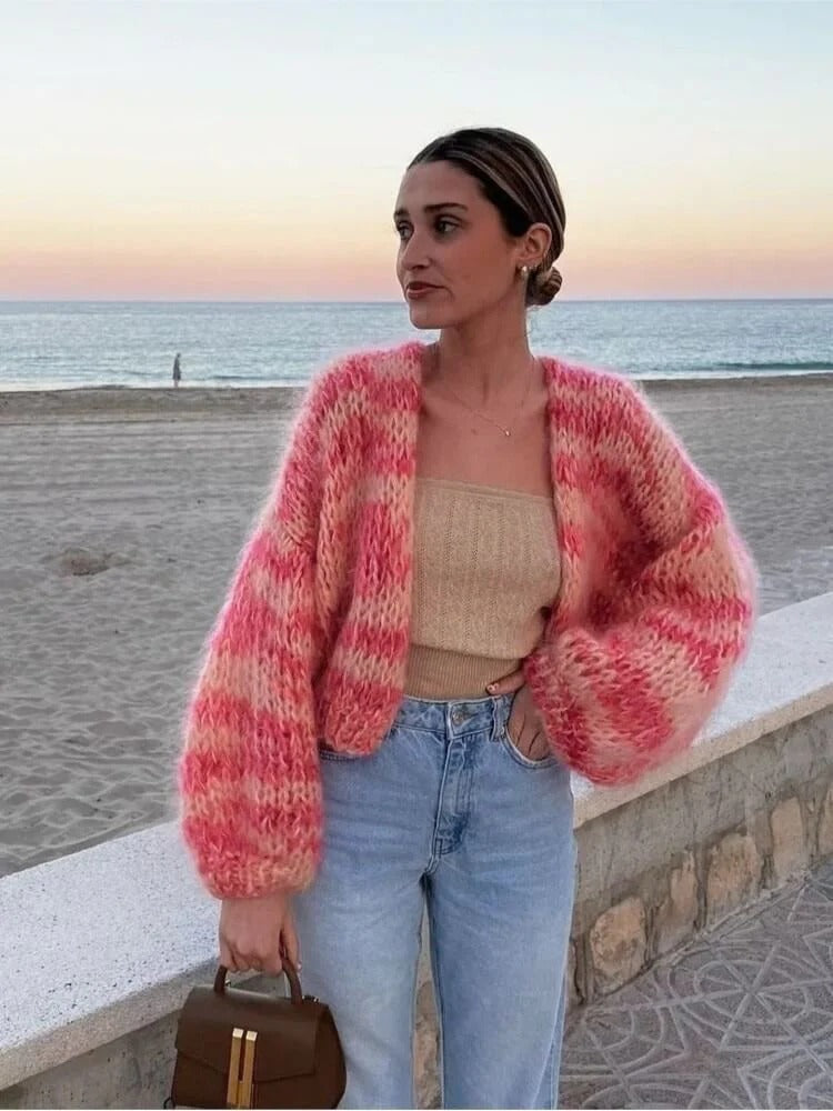 Colourful knitted short cardigan with puff sleeves for women - Aleta