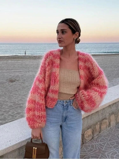 Colourful knitted short cardigan with puff sleeves for women - Aleta