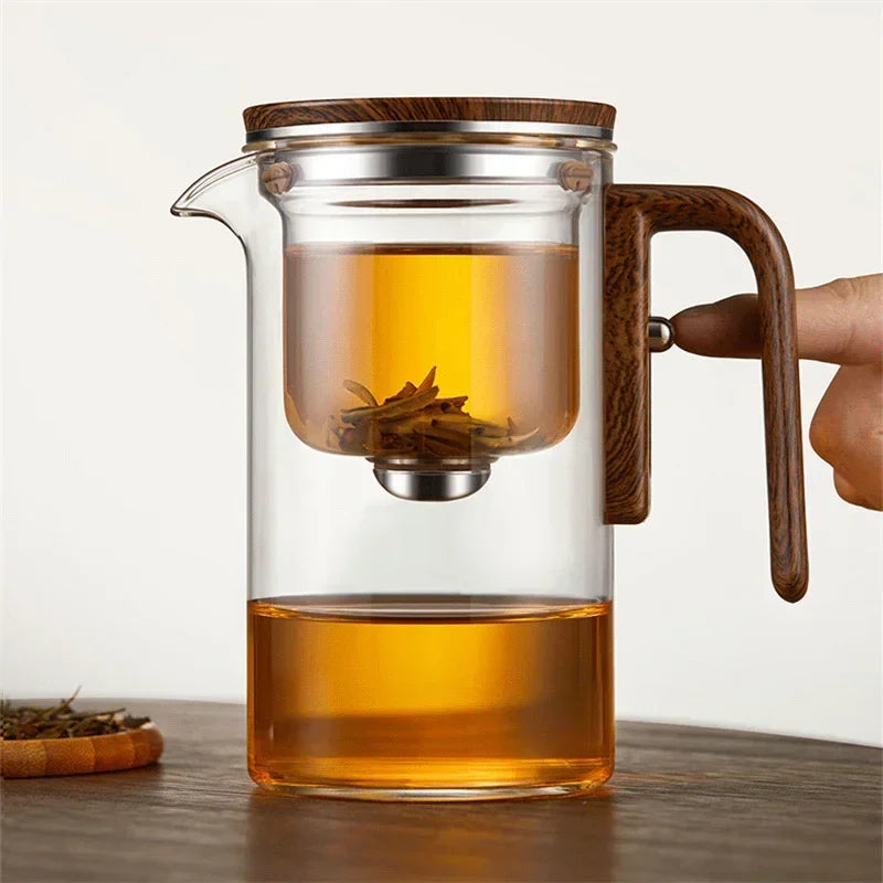 Théière élégante en verre avec infuseur – Infusion raffinée et poignée en bois