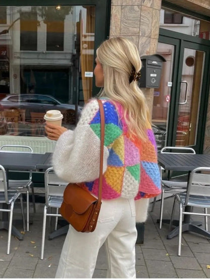 Colourful knitted short cardigan with puff sleeves for women - Aleta