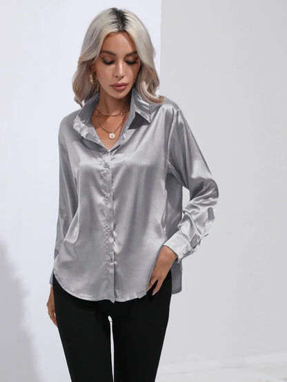 Ladies Luxe Satin Blouse with Collar and Curved Hem