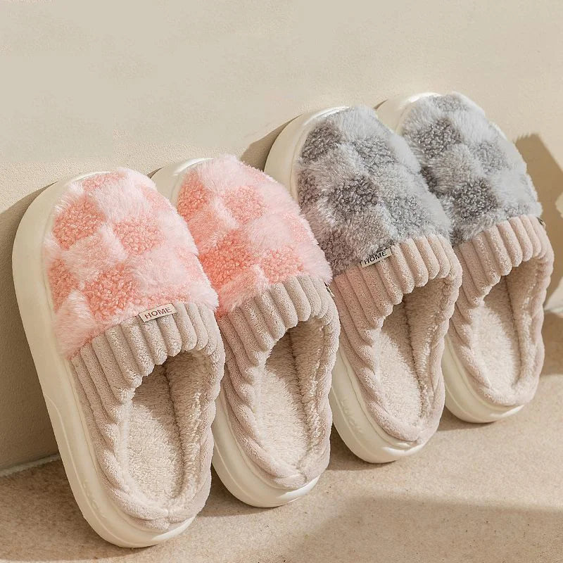 Warm Slippers with Check Pattern for Women