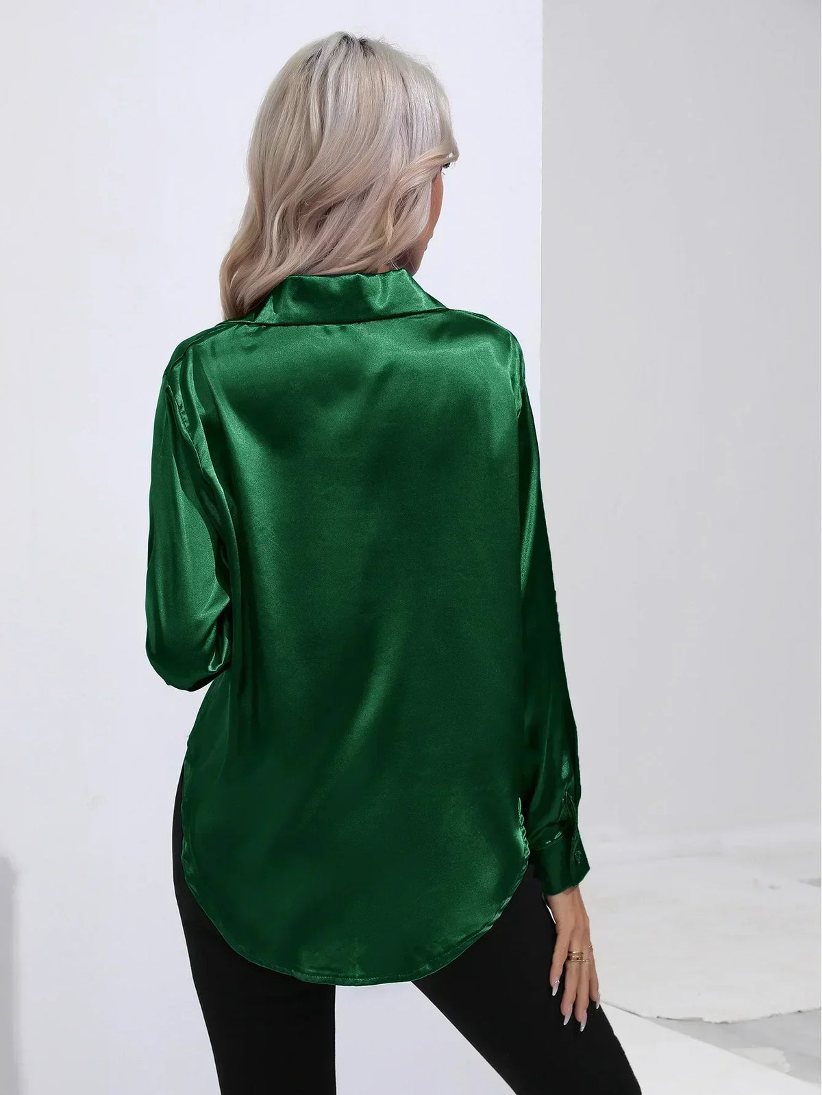 Ladies Luxe Satin Blouse with Collar and Curved Hem