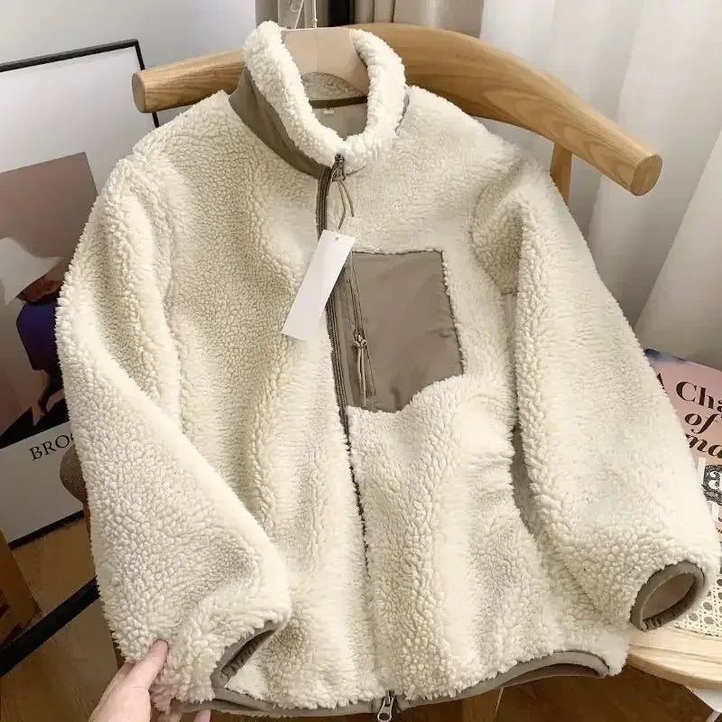 Ladies' Warm Teddy Jacket with High Collar and Zip Pockets