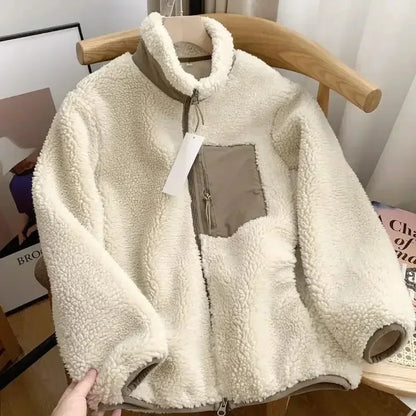 Ladies' Warm Teddy Jacket with High Collar and Zip Pockets
