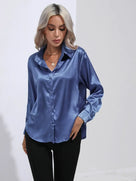 Ladies Luxe Satin Blouse with Collar and Curved Hem