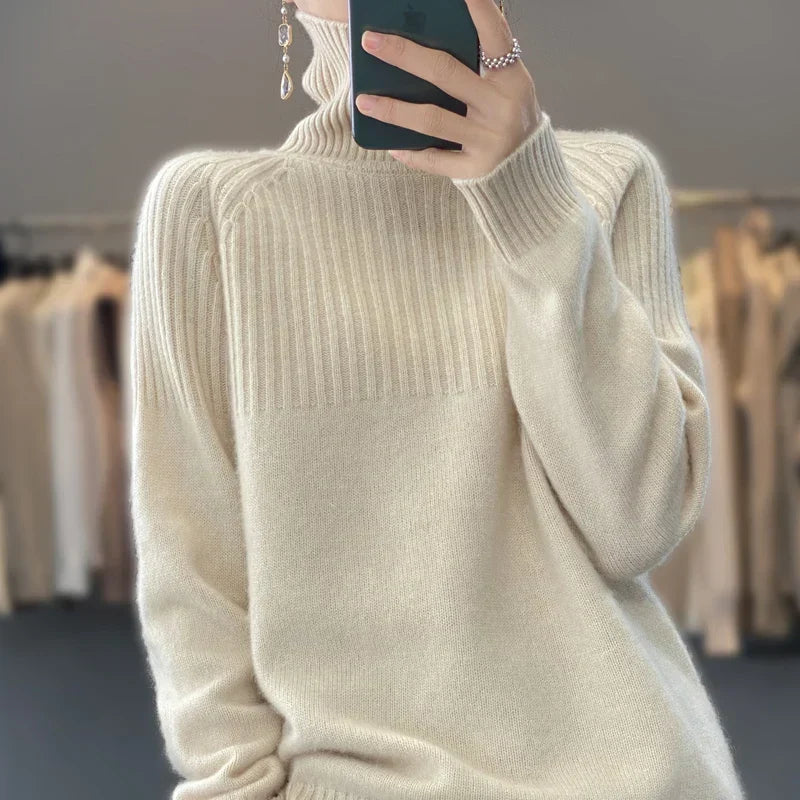 Elegant Warm Ladies' Turtleneck Sweater with Ribbed Details
