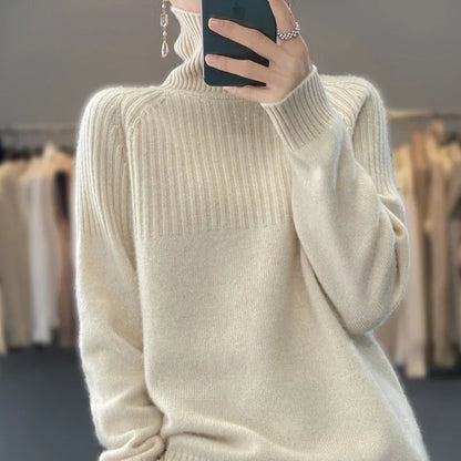 Elegant Warm Ladies' Turtleneck Sweater with Ribbed Details