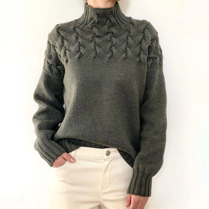 Ladies Knitted Turtleneck Sweater with Cable Pattern Warm and Soft