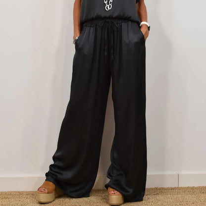 Ladies Two-Piece Satin Set with Top and Wide Trousers