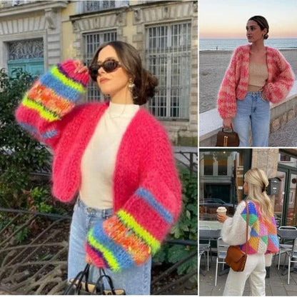 Colourful knitted short cardigan with puff sleeves for women - Aleta