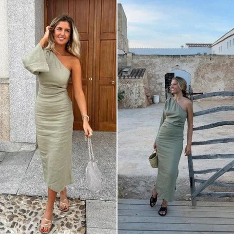 Linen dress with one shoulder and side slit - Maja