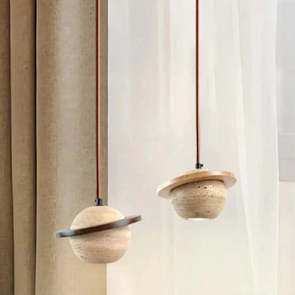 Round Travertine Pendant Lamp – Natural Elegance with LED