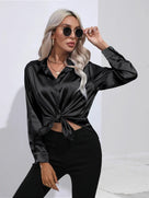 Ladies Luxe Satin Blouse with Collar and Curved Hem