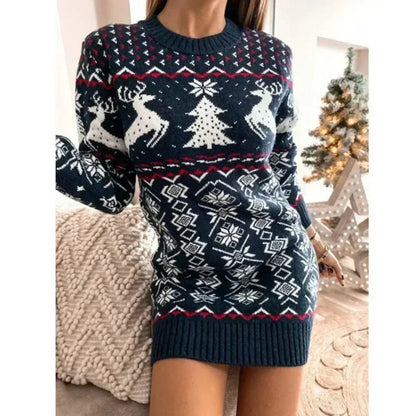 Gebreide kerstjurk voor dames met rendierprint, lange mouwen en geschikt voor de winter