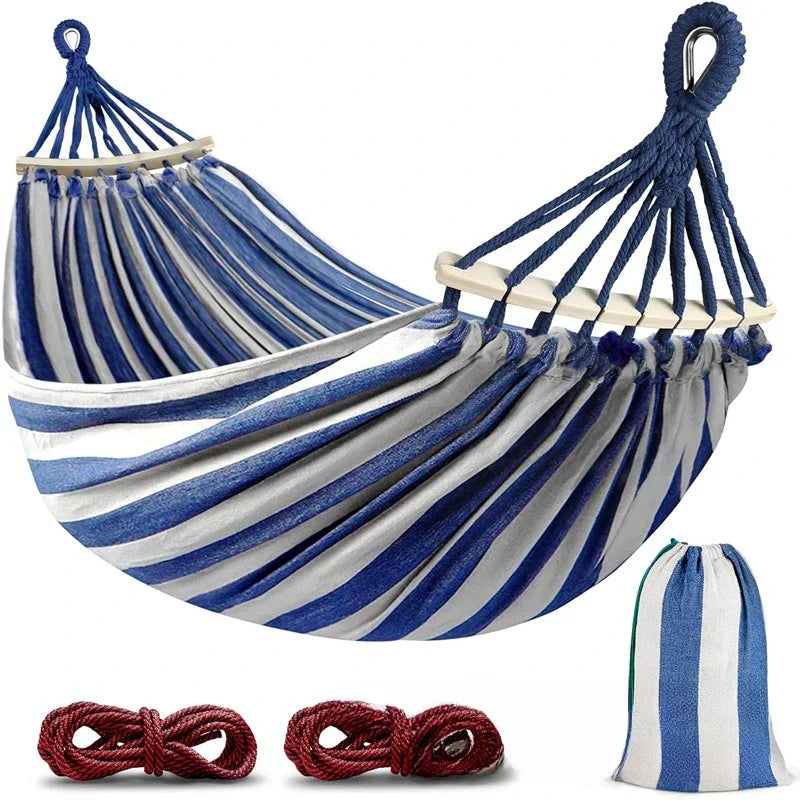 Dubbele canvas hangmat met houten spreidstokken voor buiten