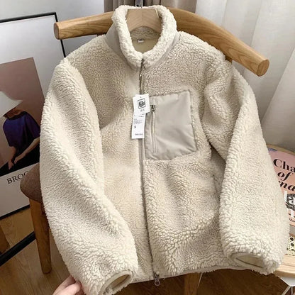 Ladies' Warm Teddy Jacket with High Collar and Zip Pockets