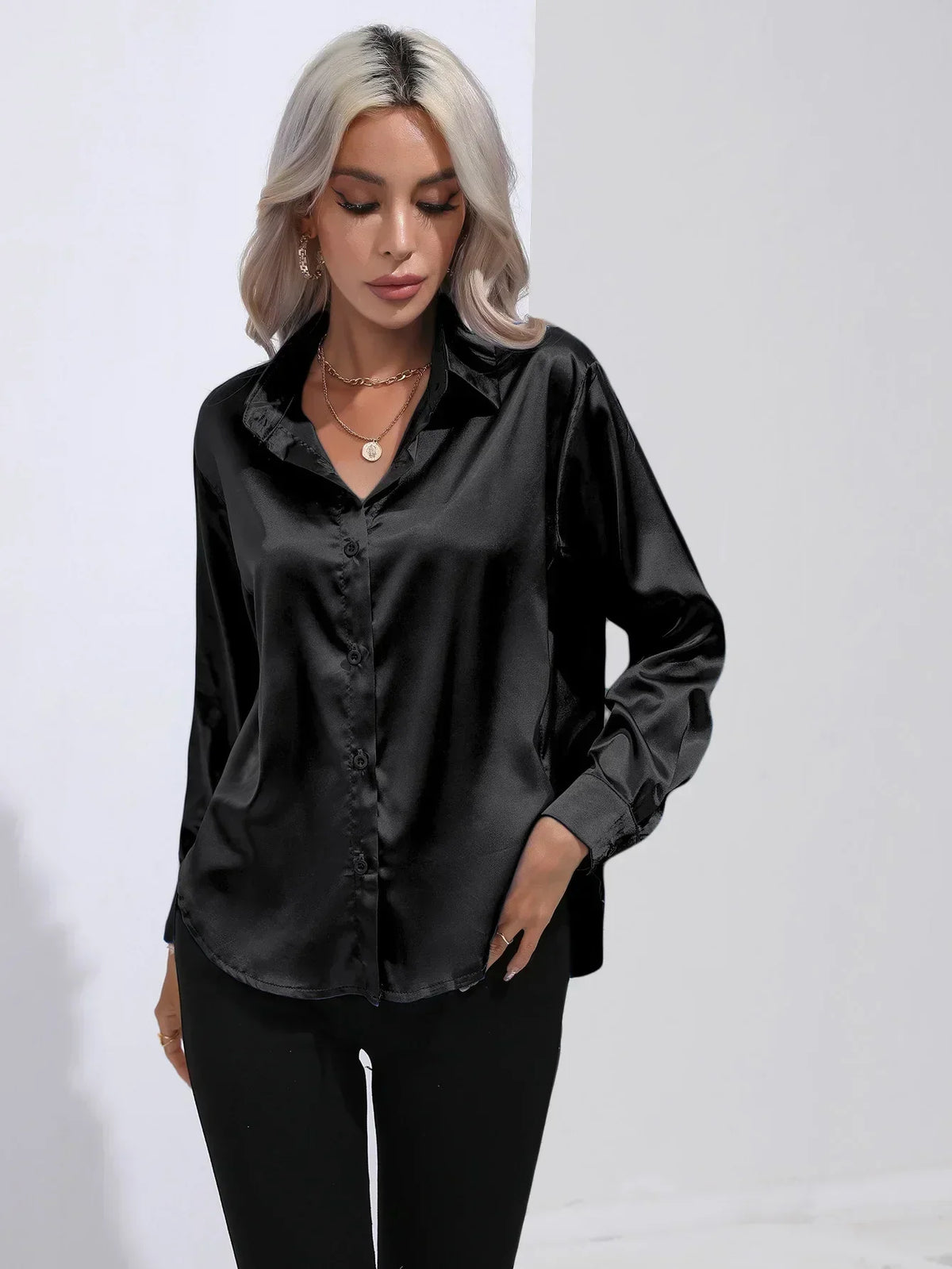 Ladies Luxe Satin Blouse with Collar and Curved Hem