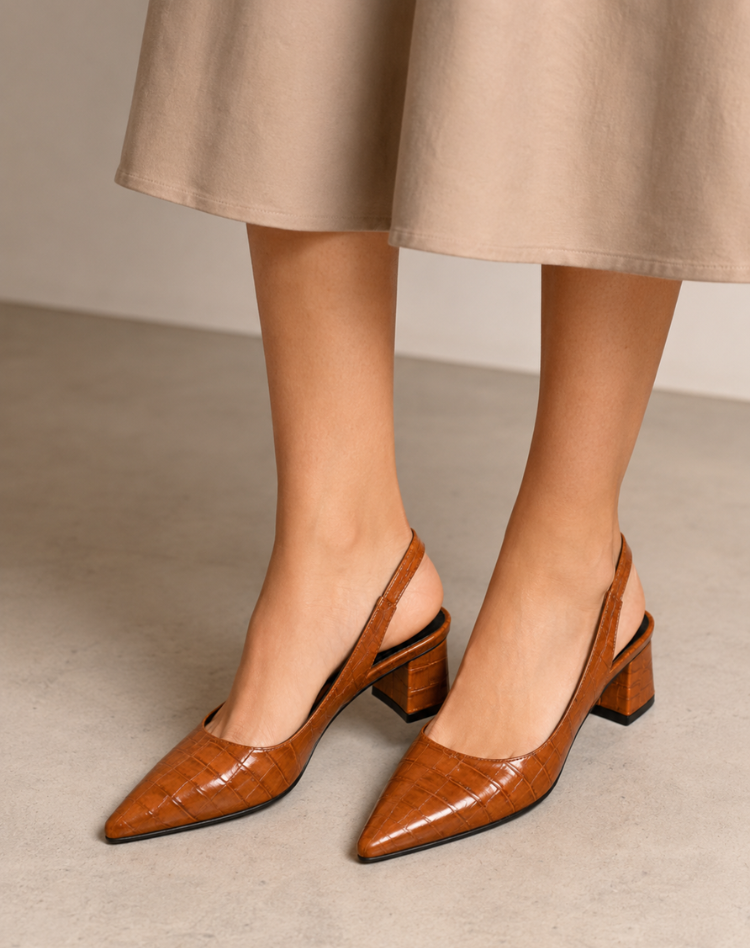 Amberly - Vintage pumps met spitse neus, slingback en blokhak