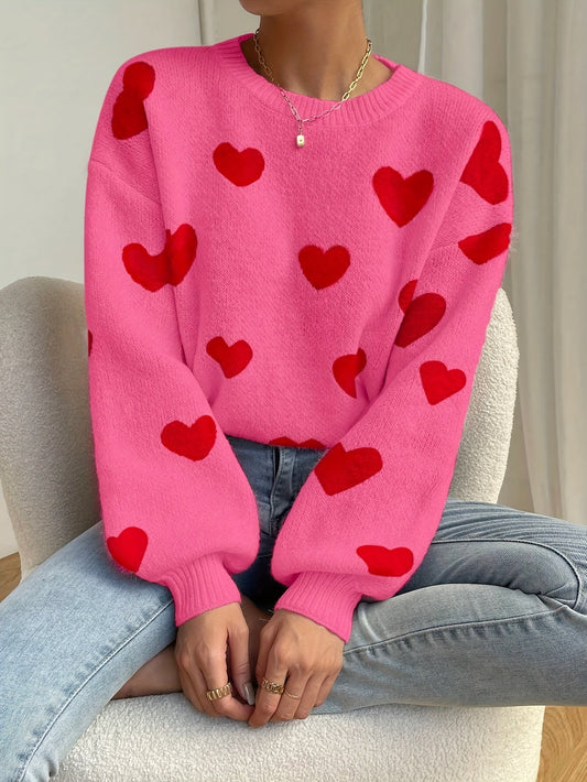 Sara | Pink jumper with red heart pattern and round neck