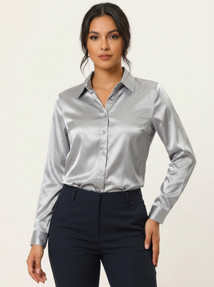 Ladies Luxe Satin Blouse with Collar and Button Closure