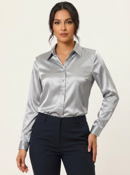 Ladies Luxe Satin Blouse with Collar and Button Closure