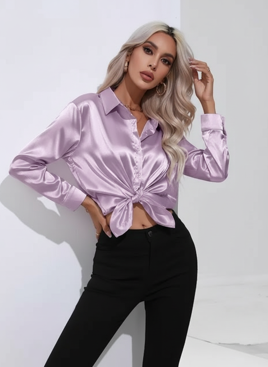 Ladies Luxe Satin Blouse with Collar and Button Closure