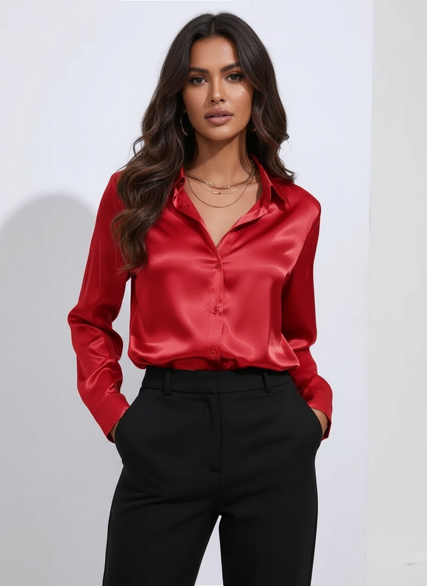 Ladies Luxe Satin Blouse with Collar and Button Closure