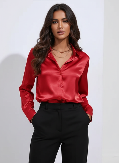 Ladies Luxe Satin Blouse with Collar and Button Closure