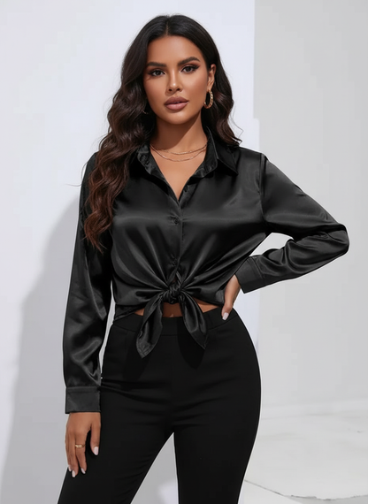Ladies Luxe Satin Blouse with Collar and Button Closure