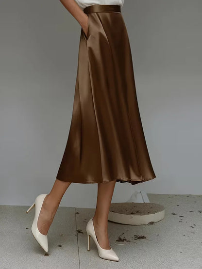 Satin Midi Skirt with High Waist