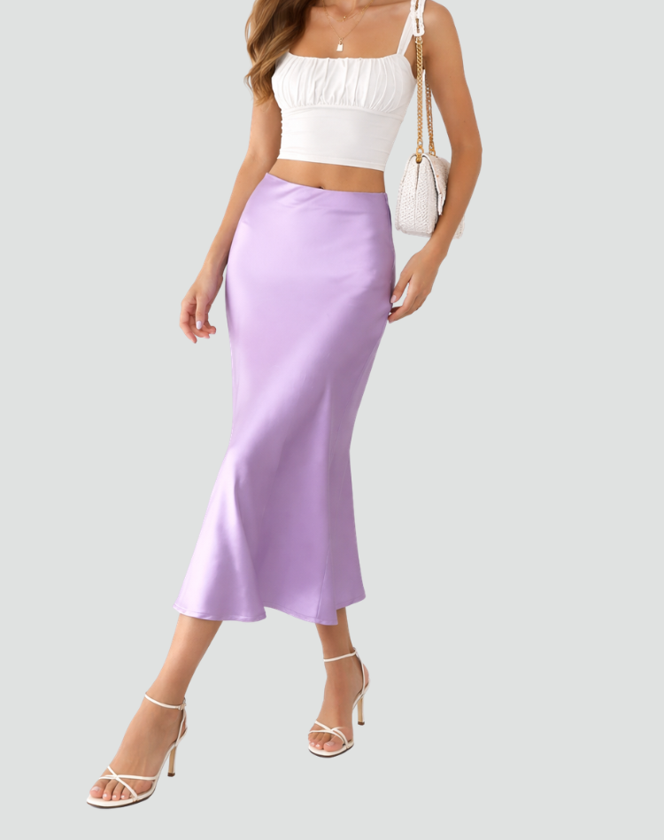 Elegant Satin Look Midi Skirt With High Waist and Fluid Fall