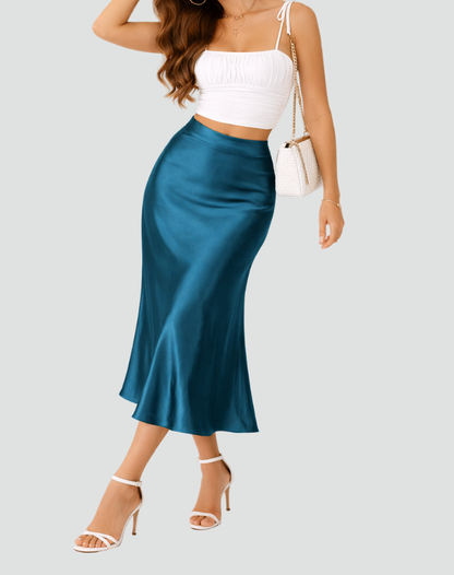 Elegant Satin Look Midi Skirt With High Waist and Fluid Fall