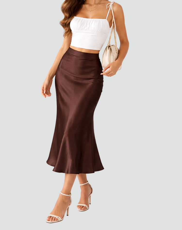 Elegant Satin Look Midi Skirt With High Waist and Fluid Fall
