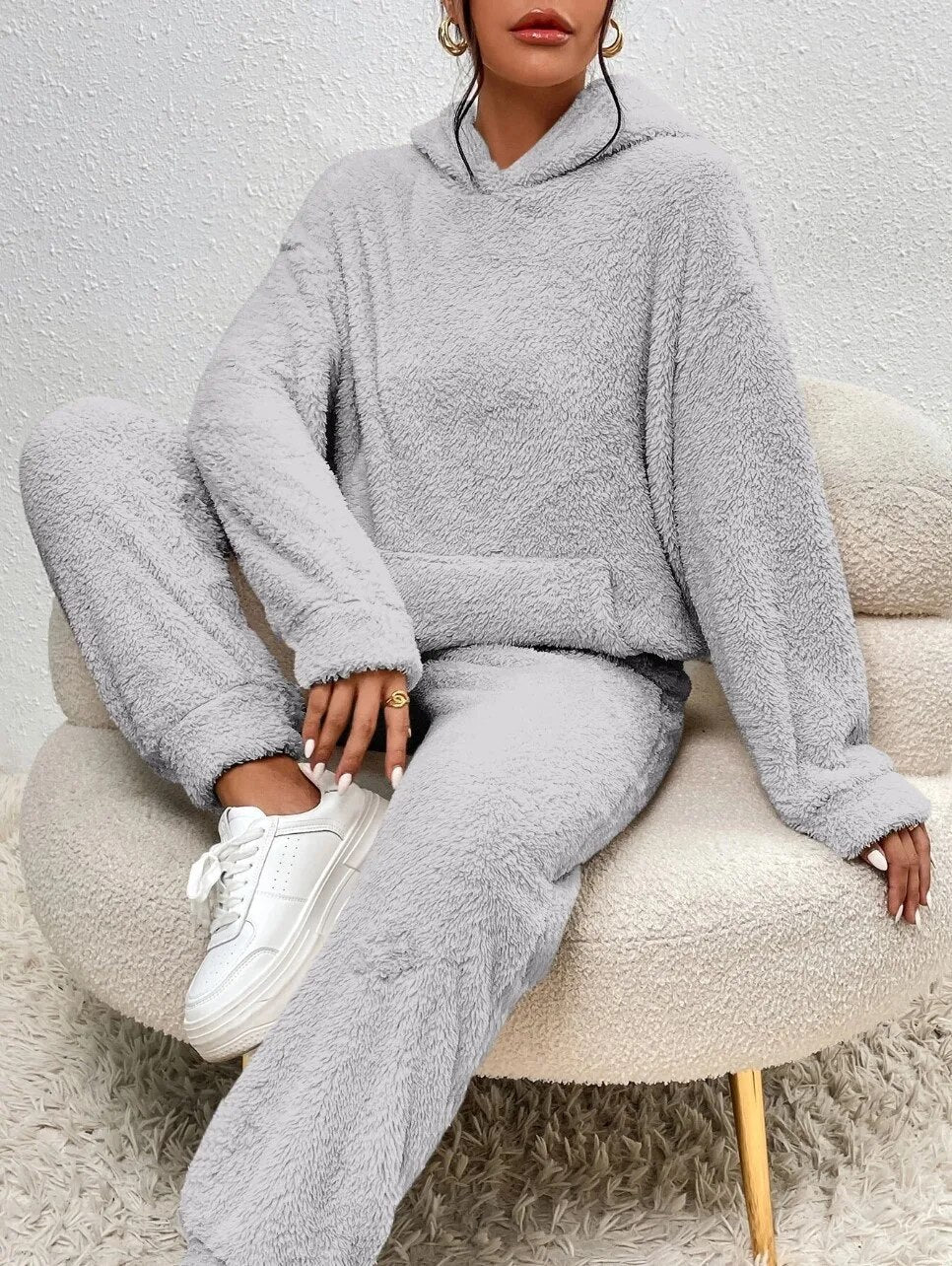 Cuddly teddy loungewear with hood for women - Sandy