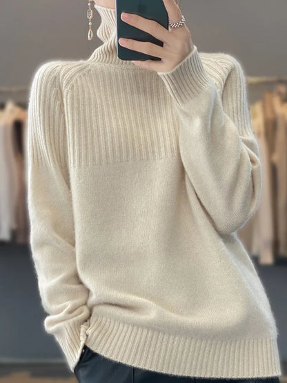 Elegant Warm Ladies' Turtleneck Sweater with Ribbed Details