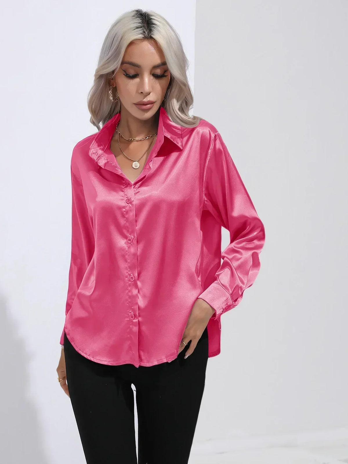 Ladies Luxe Satin Blouse with Collar and Curved Hem