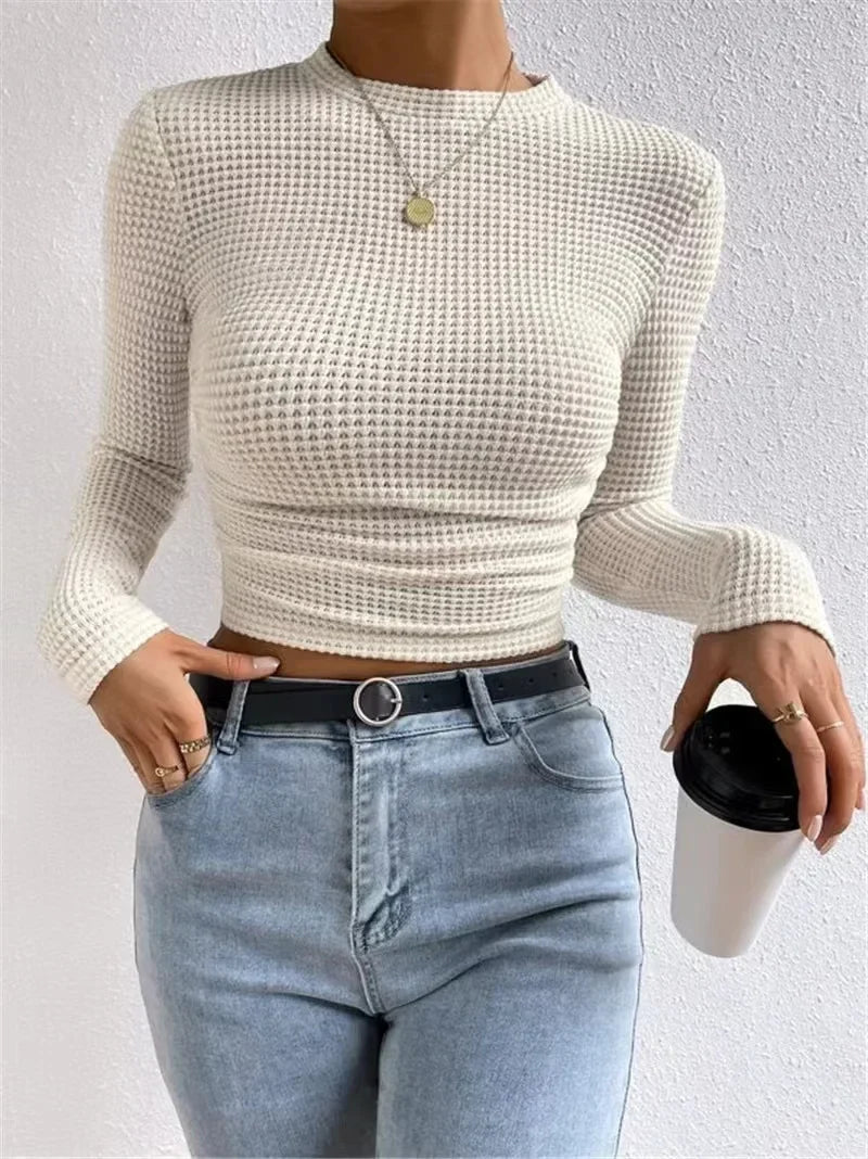 Fitted Crop Top with Long Sleeves and Texture