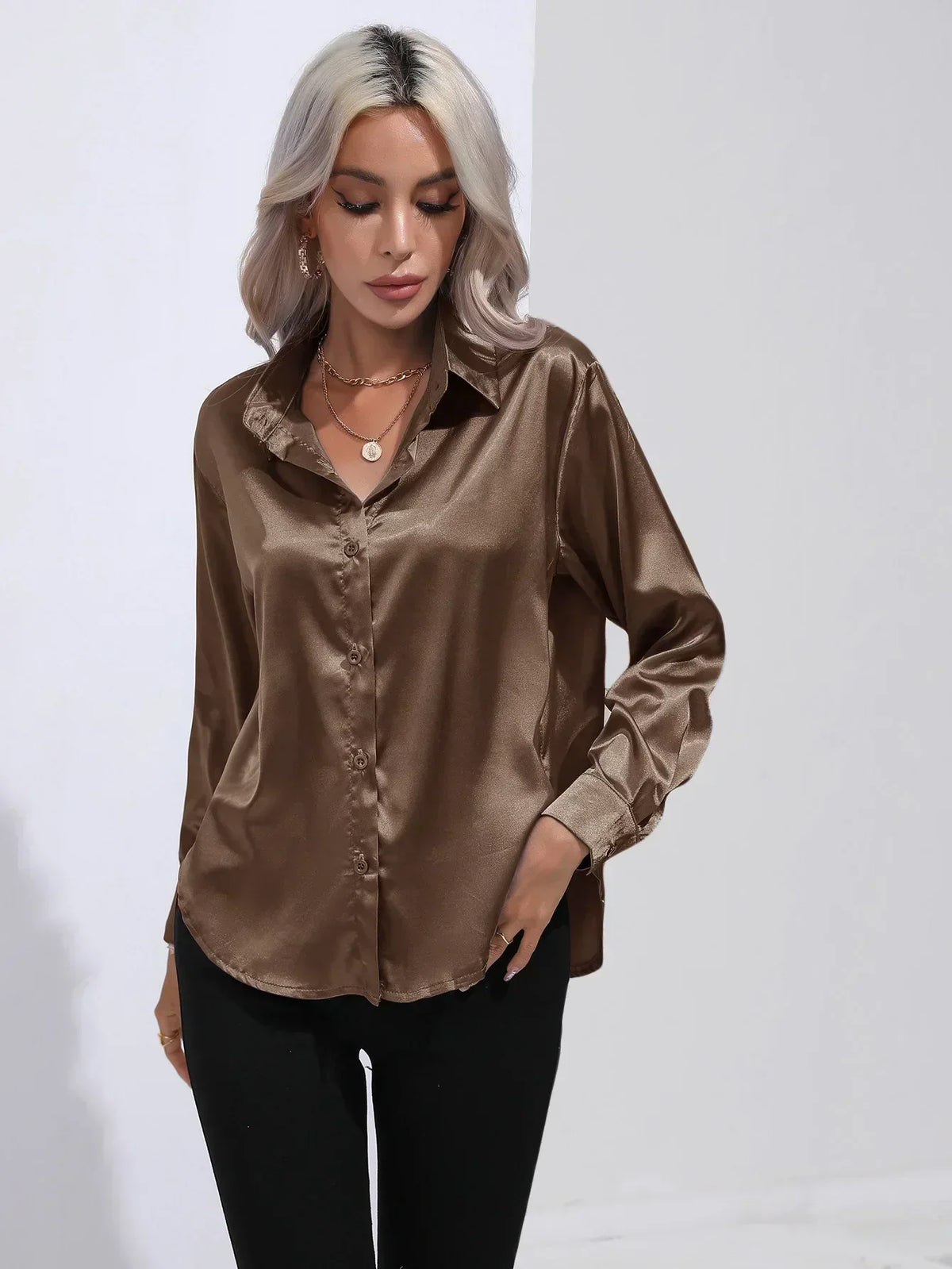 Ladies Luxe Satin Blouse with Collar and Curved Hem