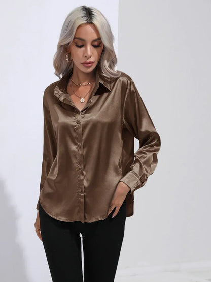 Ladies Luxe Satin Blouse with Collar and Curved Hem